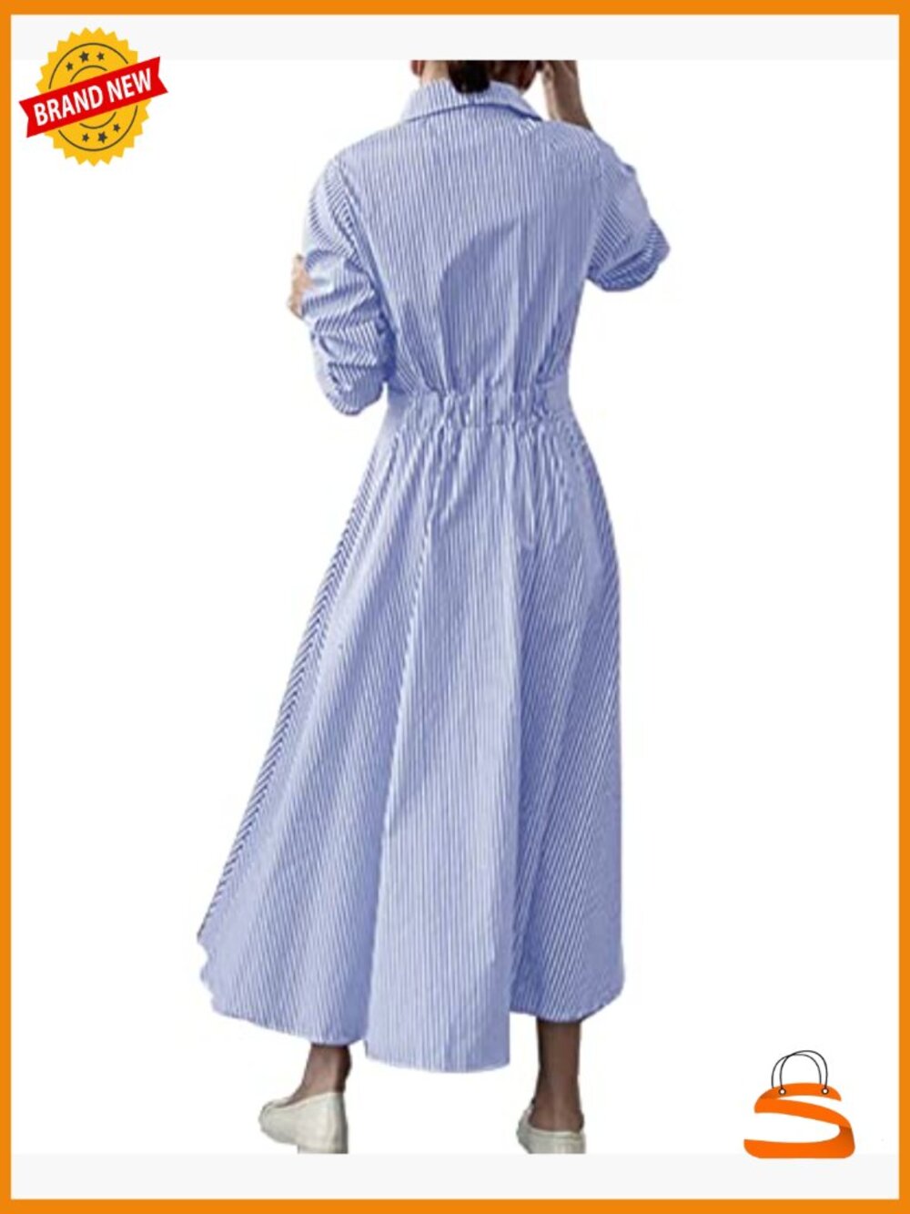 Elegant Striped Shirt Midi Dress Button Down Long Sleeve A-Line Wedding Guest - Picture 3 of 7